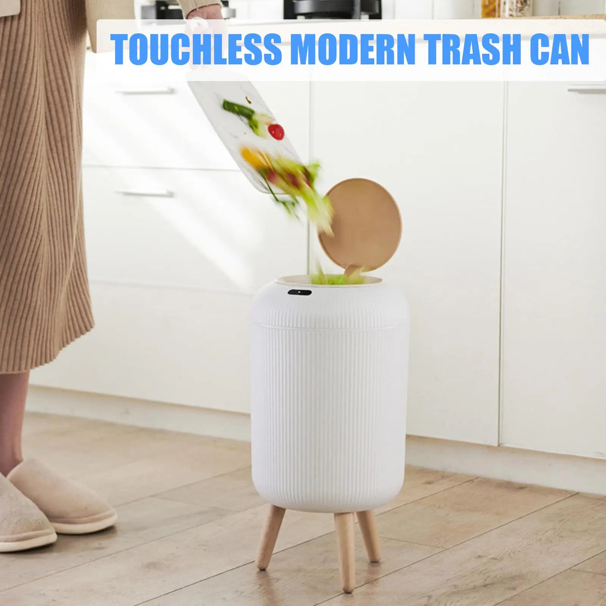 Smart Sensor Trash Can with Wooden Tripod Base – 10L