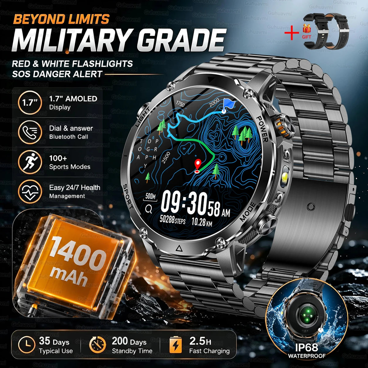Rugged Outdoor Smartwatch – 1400mAh Battery & Flashlight
