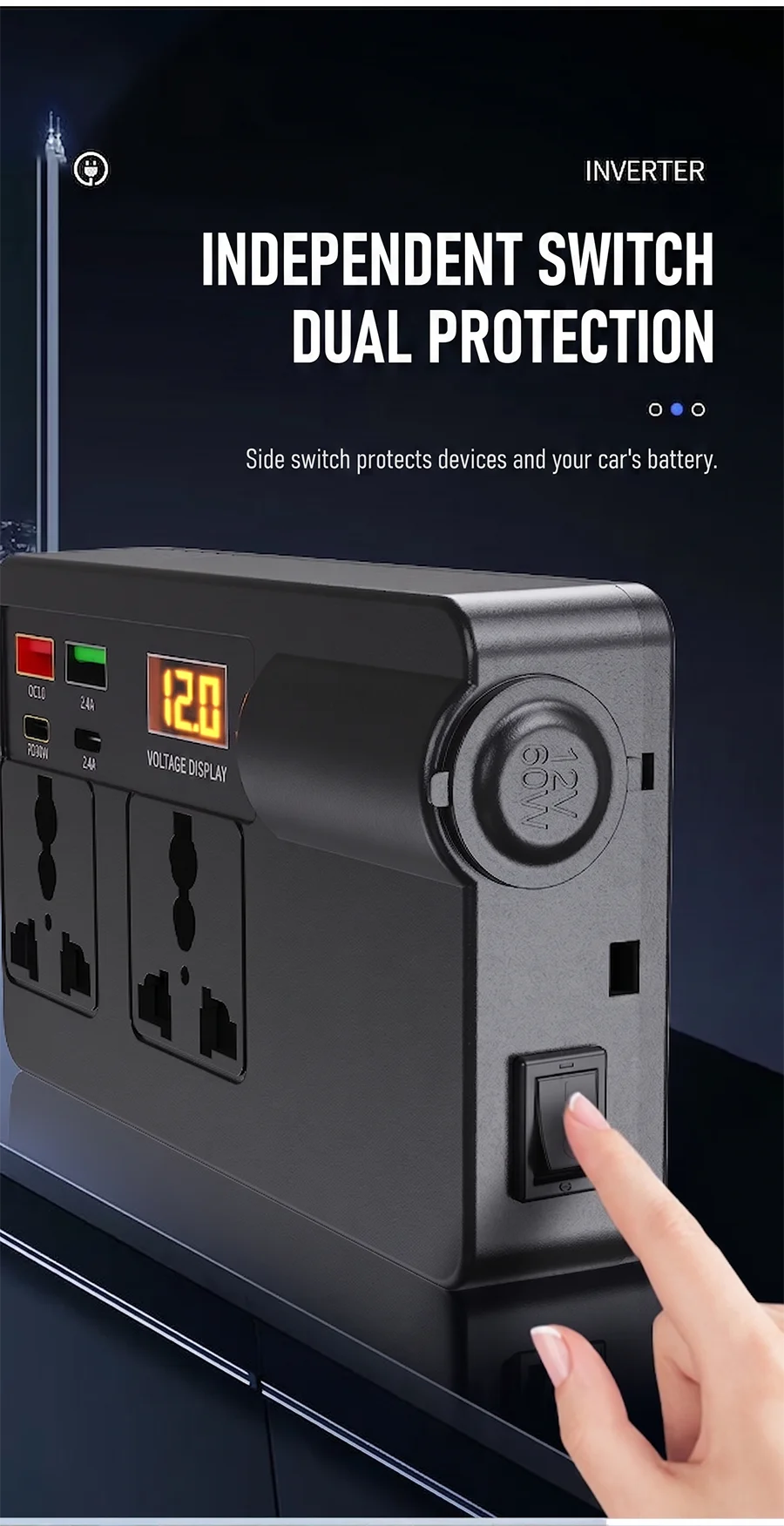 Smart 200W Car Inverter 12V DC to 220V AC Power Converter with 2 Universal Outlets PD30W QC3.0 and LED Digital Display