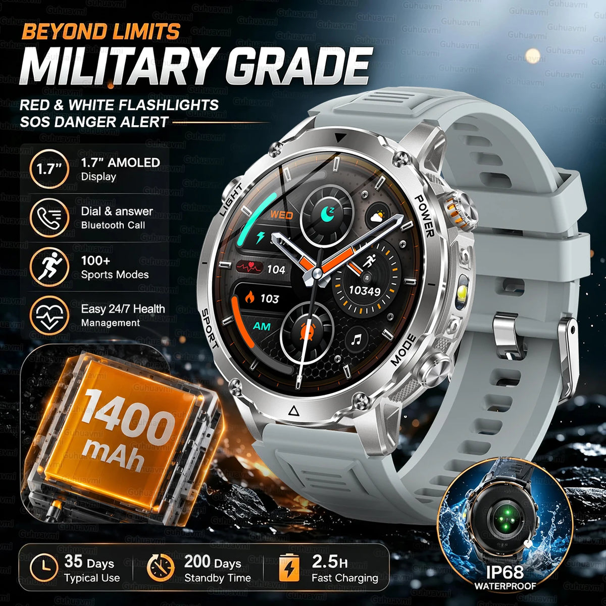Rugged Outdoor Smartwatch – 1400mAh Battery & Flashlight